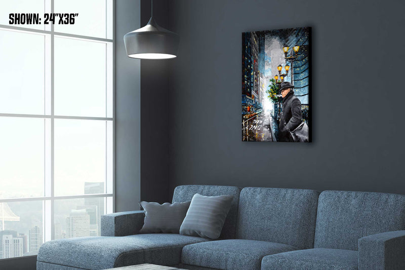 Charcoal gray home office with NYC canvas art print of man walking against a New York City skyline