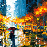 Urban art of navy skyline against a cloudy ombre sky with glowing Broadway lights and actor walking home