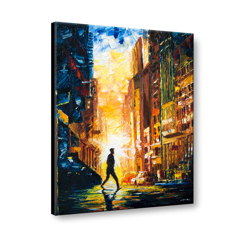 Original oil painting on canvas of man silhouetted by sun on city street