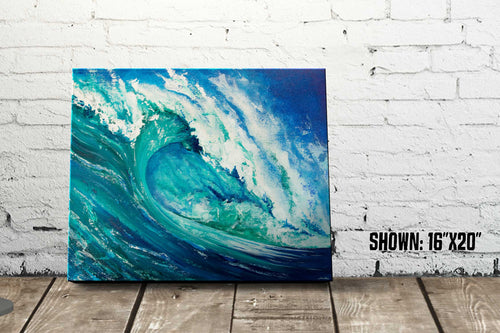 Beach house décor of blue and green ocean wave acrylic painting against a white wall
