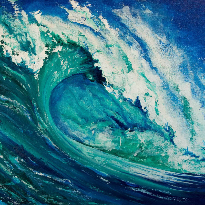 Oil painting on canvas of crashing turquoise wave against deep blue sky with white sea spray