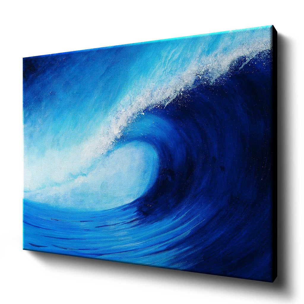 Large wrapped canvas print of blue surfing wave against a blue ombre summer sky