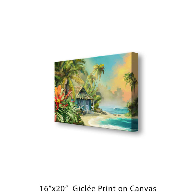A 30"x40" giclée print on canvas on a white background of a Hawaiian Ti Leaf flower blooming surrounded by palm trees on a beautiful dreamscape of an island.