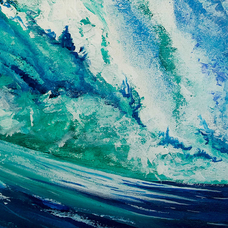 Nautical wall art of blue and turquoise wave with white painted sea foam curling against a summer sky