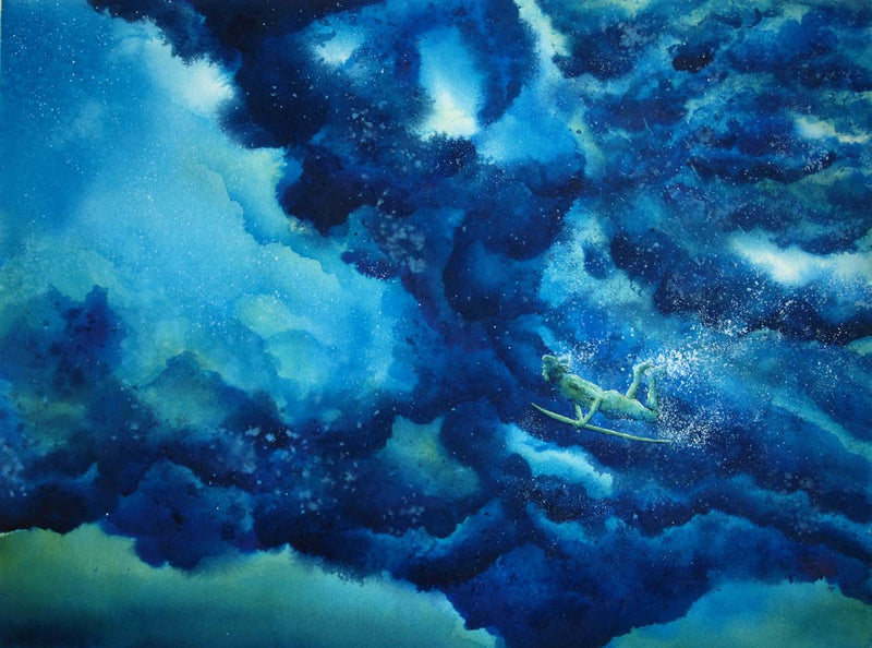 Original watercolor painting of a surfer diving beneath a big blue and green wave