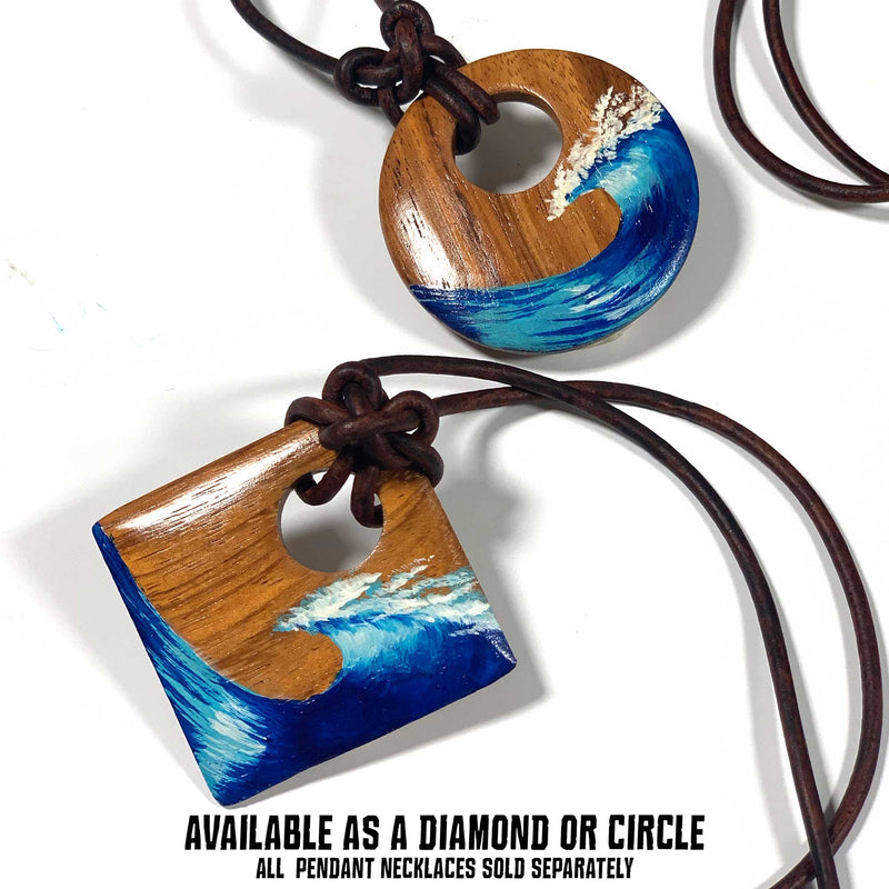 Minimalist wooden ocean wave pendant necklaces with leather cords in the shape of a circle or a diamond on a white background