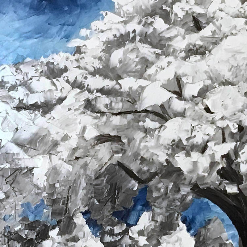 Original oil painting of snow-covered white tree in a winter forest. Perfect blue and white winter decor.