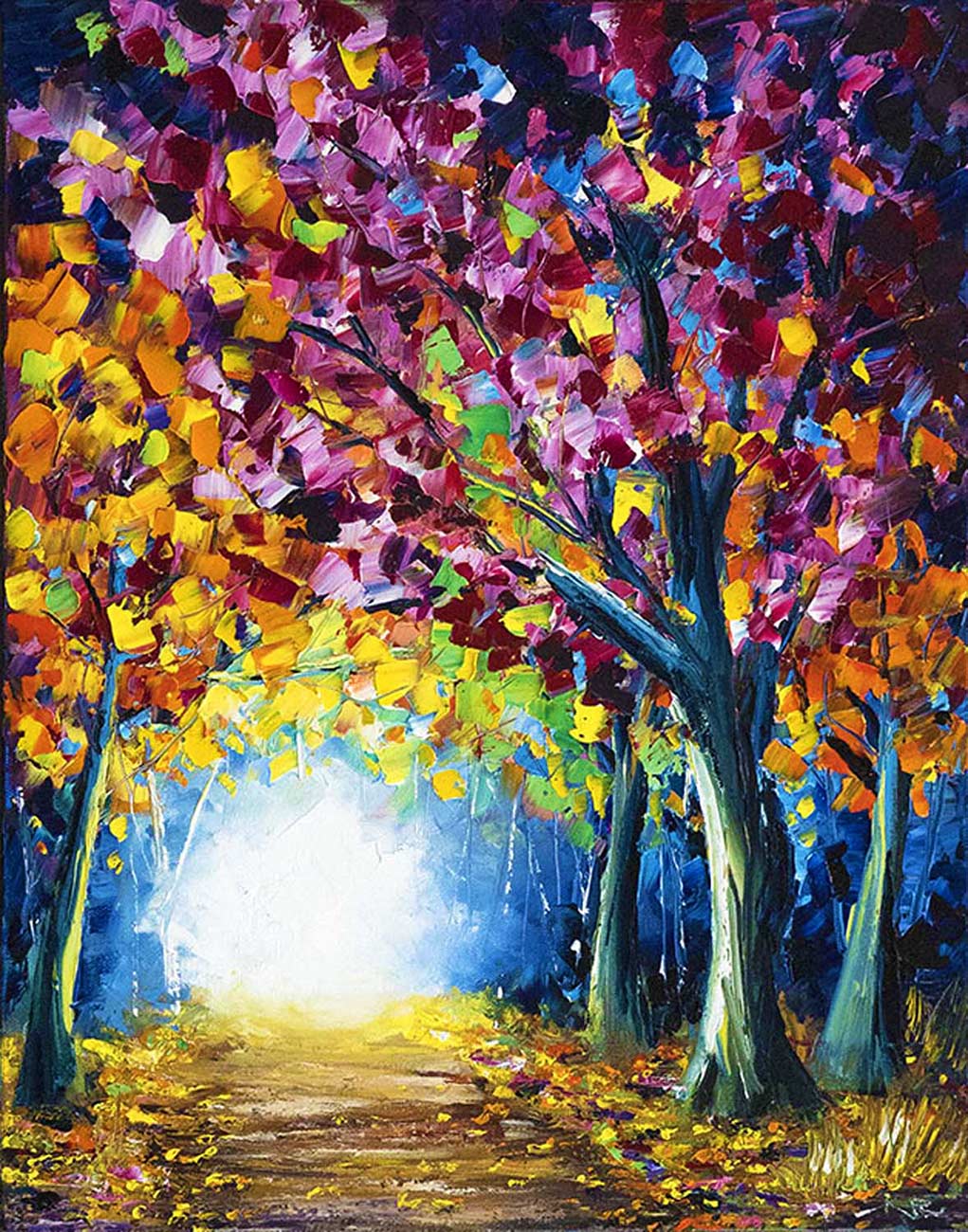 Original oil painting of vibrant fall foliage. This wall art of nature shows a rainbow of autumn leaf colors on a quiet forest path.