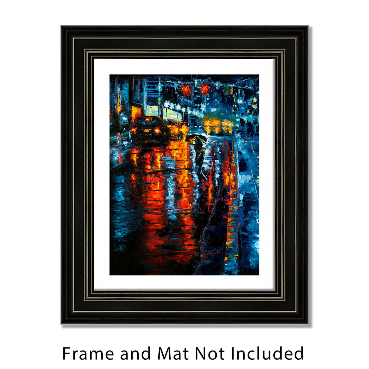 Original oil on canvas painting of rainy Chicago street with traffic and lights reflected in the street