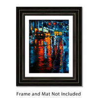 Original oil on canvas painting of rainy Chicago street with traffic and lights reflected in the street