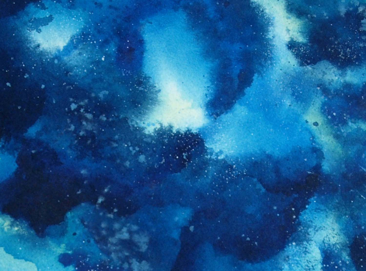 Meditation art of a blue and green wave rolling above a surfer floating beneath the surface of the ocean