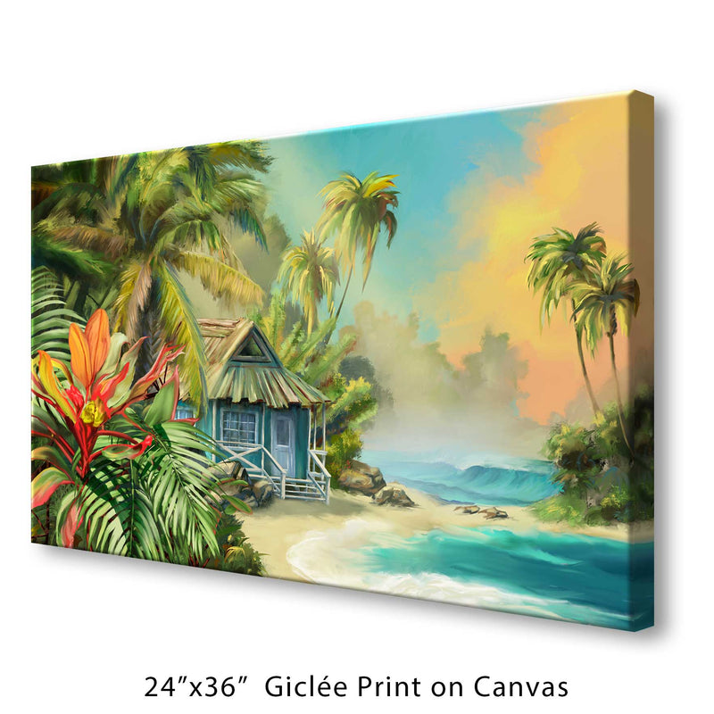 A 24"x36" giclée print on canvas on a white background of a tiki hut with a private beach on a lush tropical island.