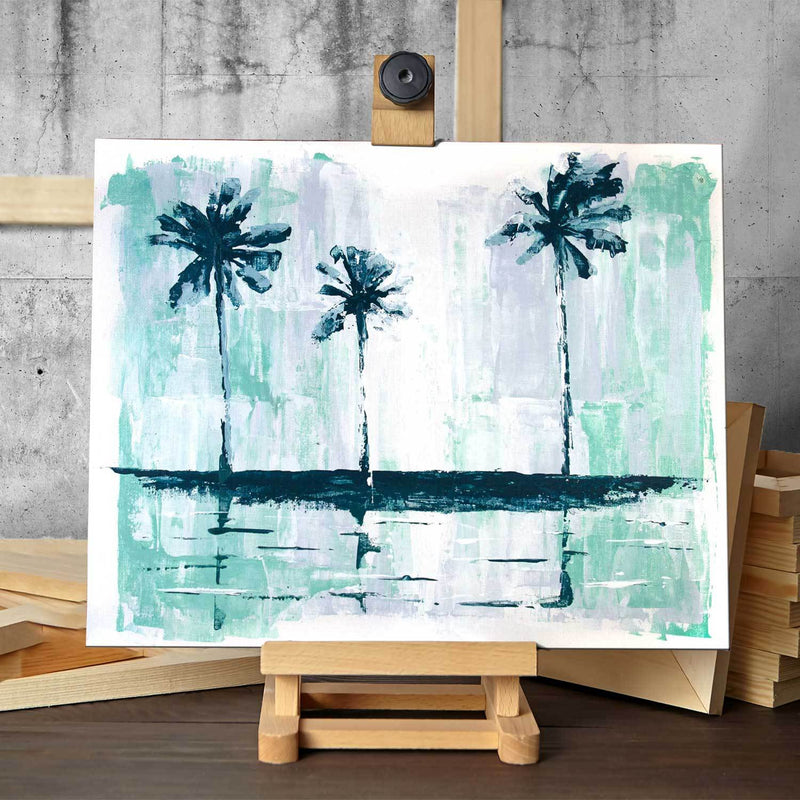 Original painting of tropical palm trees silhouetted against cool green and white abstract sky