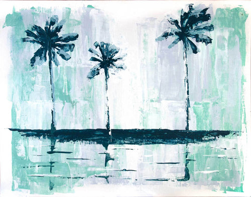 Zen wall art of minimalist palm trees against turquoise abstract background