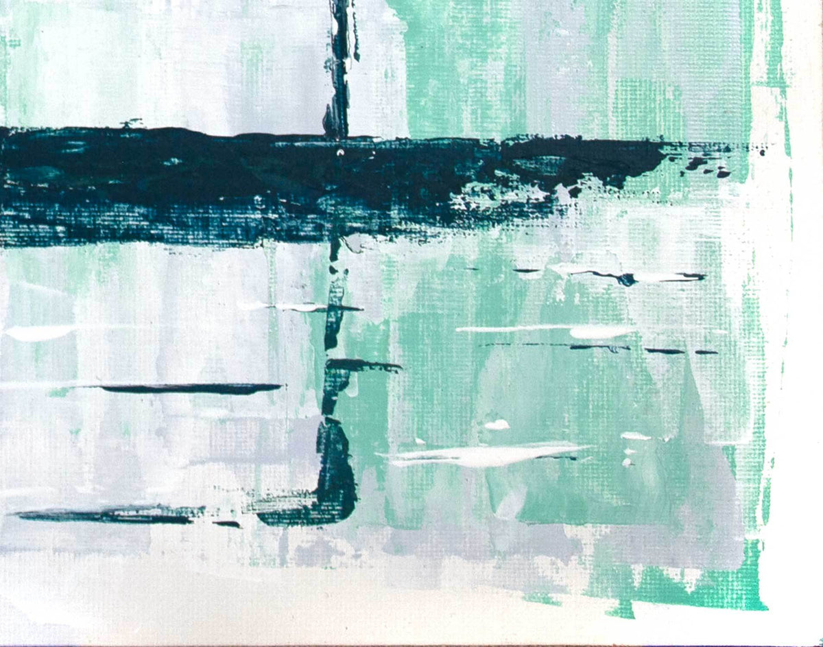 Blue palm trees painted with reflections on green and white abstract background