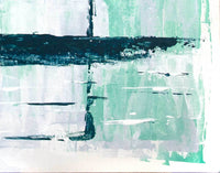 Blue palm trees painted with reflections on green and white abstract background