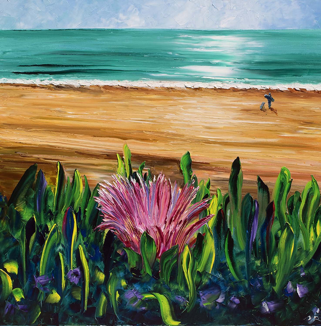Oil Painting of California Coast with Surfer Girl and Dog on Beach