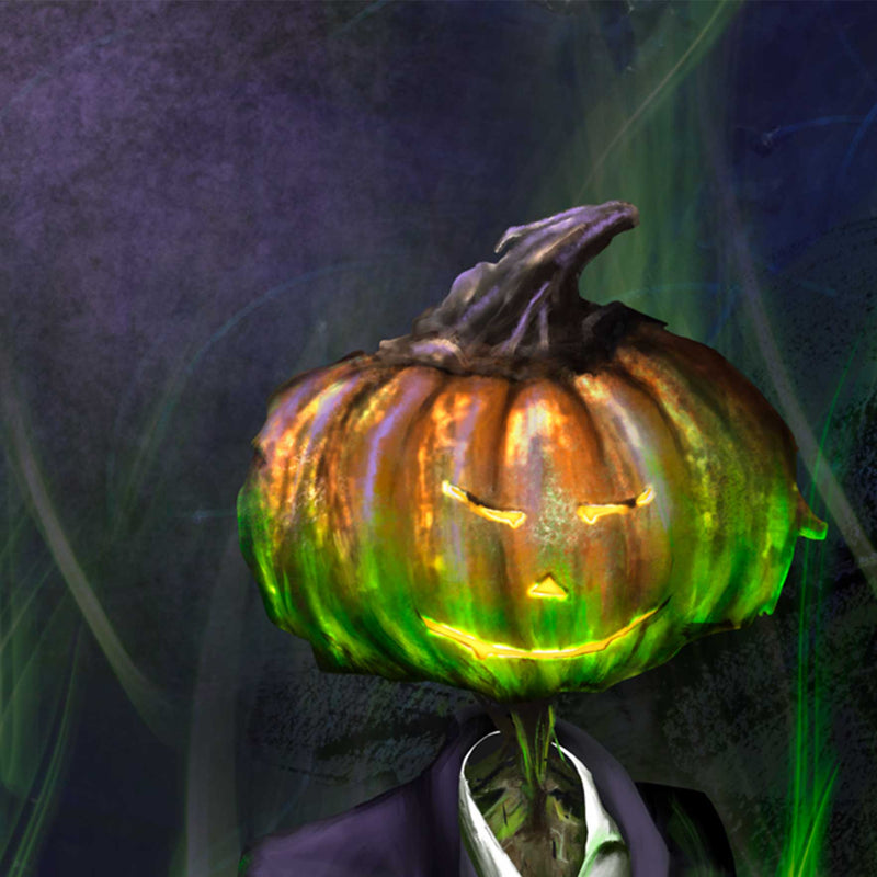 A closeup detail of a canvas print of a halloween Pumpkinheaded man surrounded by swirling green magical fire and holding a wickedly grinning mini-pumpkin