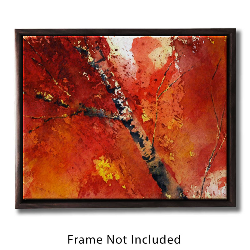 Framed nature wall art canvas for sale. Red and orange watercolor foliage with dark branches in front.