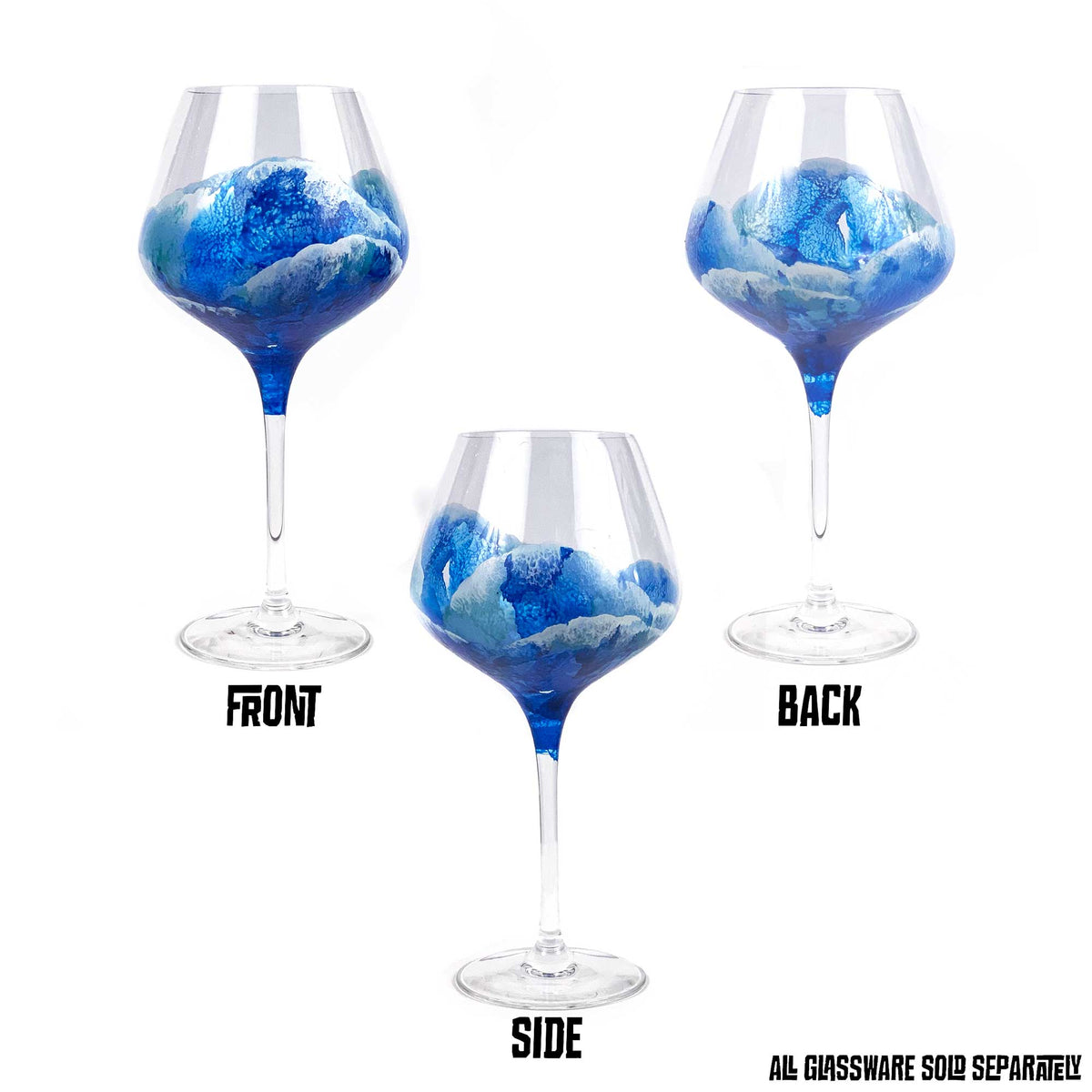 Trio of custom glasses for beach wedding with hand-painted ocean waves on red wine glasses by 5th & Rugged.