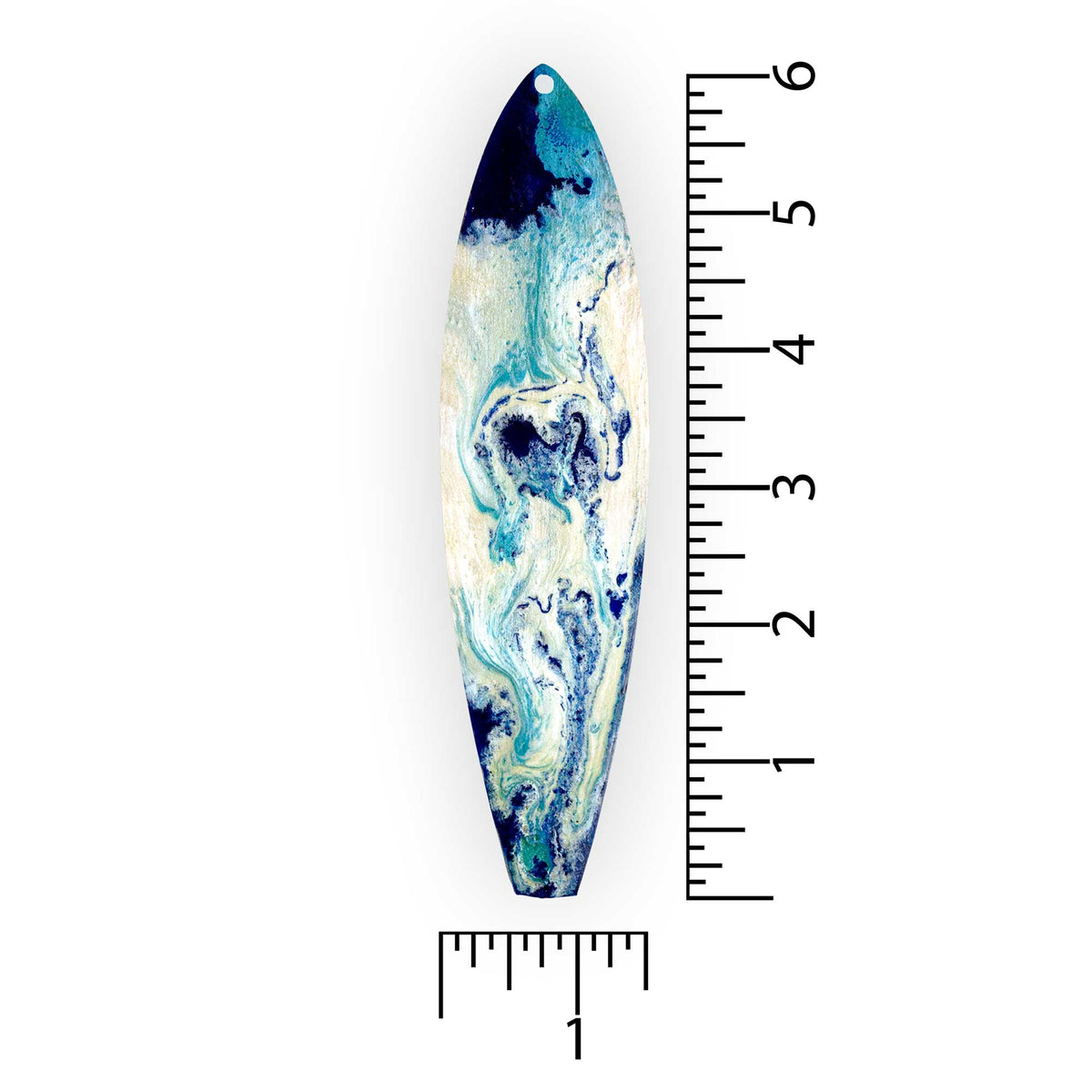 Sea foam and ocean blues hand painted on a wooden surfboard measuring 6 inches by 1.5 inches.