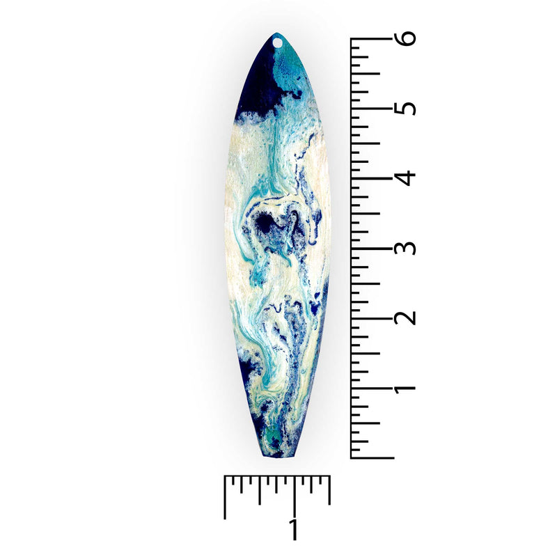 Sea foam and ocean blues hand painted on a wooden surfboard measuring 6 inches by 1.5 inches.