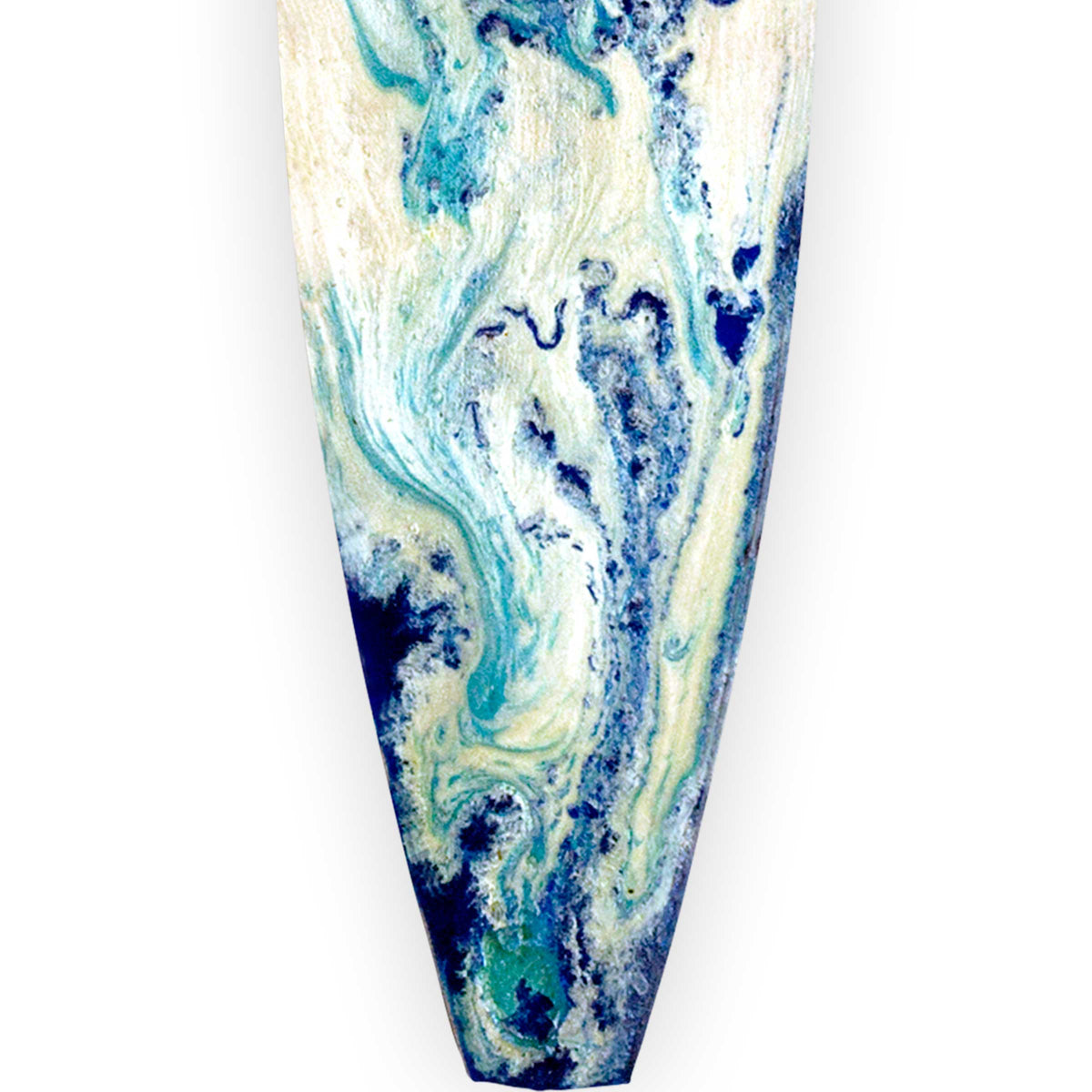 Close up of Christmas beach themed ornaments with blue and white painted on a surfboard holiday ornament.