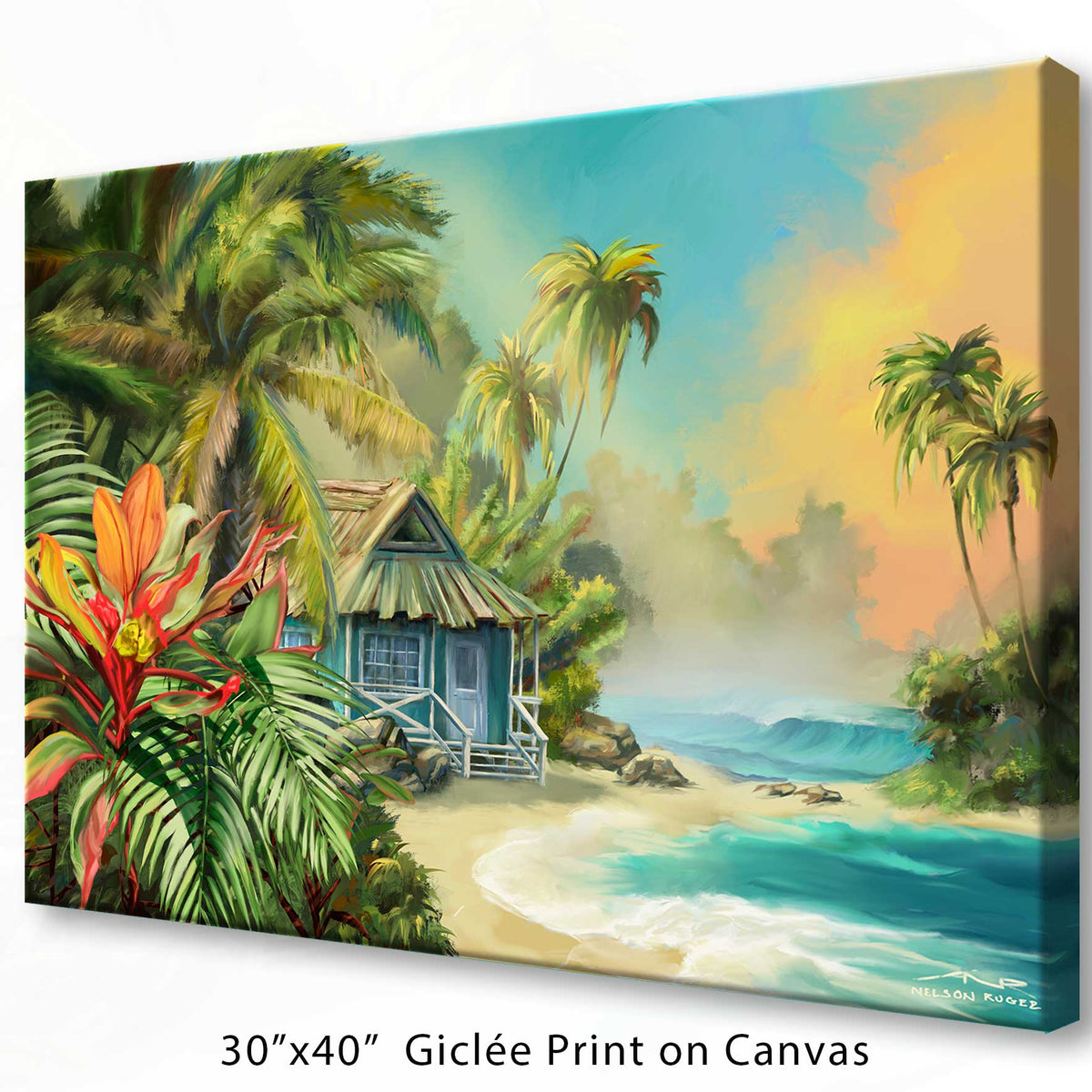 A 16"x20" giclée print on canvas on a white background of a lush island oasis with a private beach and lagoon.