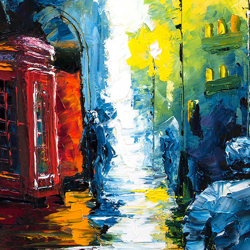 Cityscape oil painting of rainy British street with red phone booth after dark against a navy background