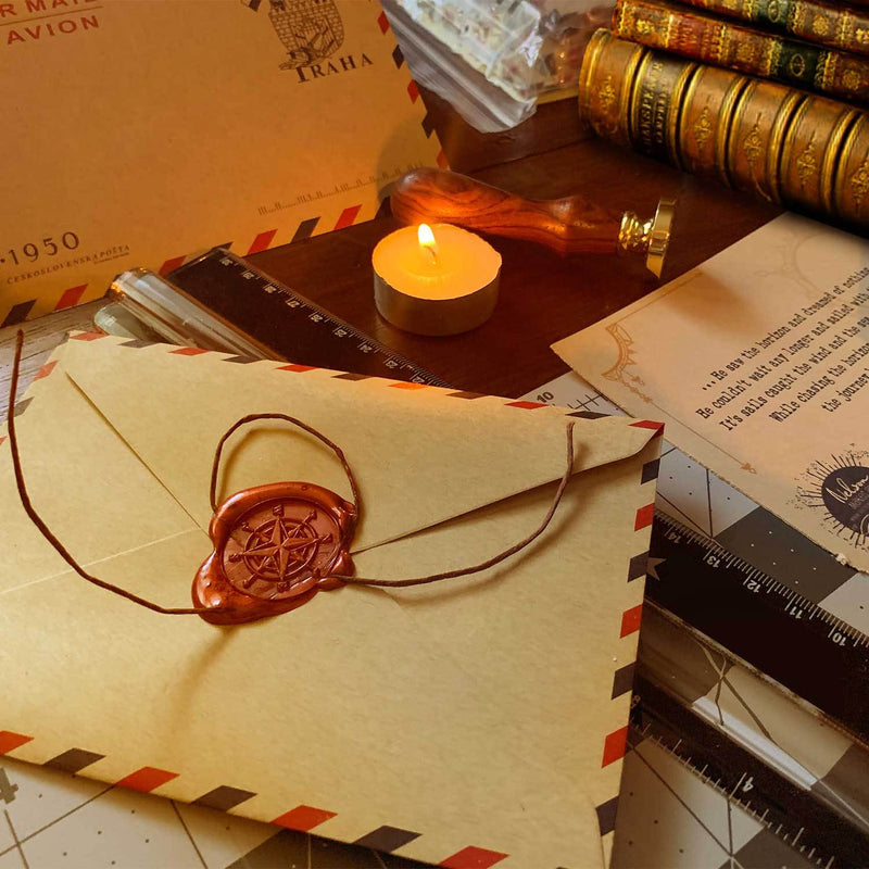 Chapter of unique story sealed with wax inside exotic and mysterious travel envelope