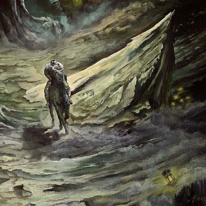 A detail photo of The Headless Horseman riding on a blasted and twisted path through dark woods