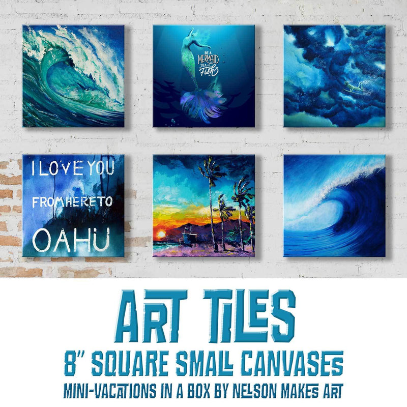 Six printed canvas tiles of various beach décor paintings, including blue waves, surfers, beaches, and mermaids arranged on stylish white wall