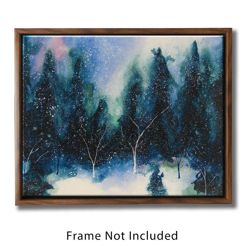 Winter wall art canvas of the winter solstice in a quiet forest clearing covered in snow. Winter room decor.