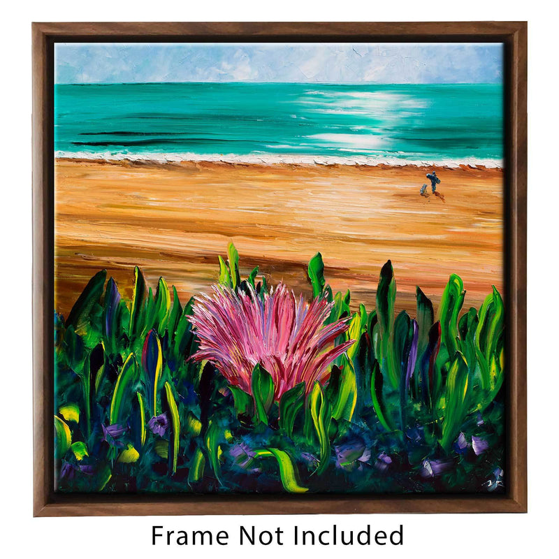 Large Oil on Canvas Painting with Pink Flower on Sandy Beach
