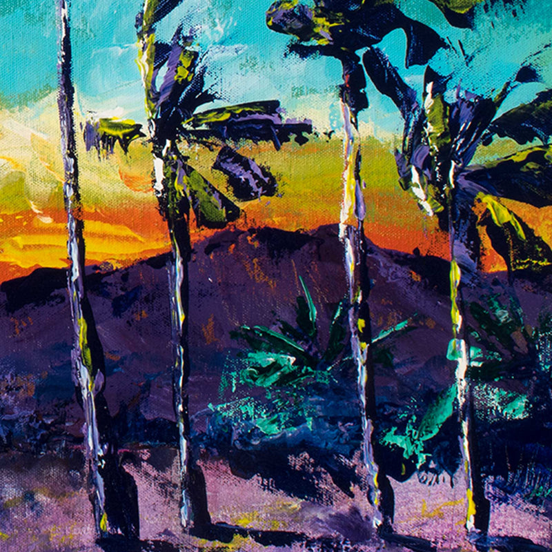 Palm tree art of tropical surfing beach against a colorful painted sunset landscape