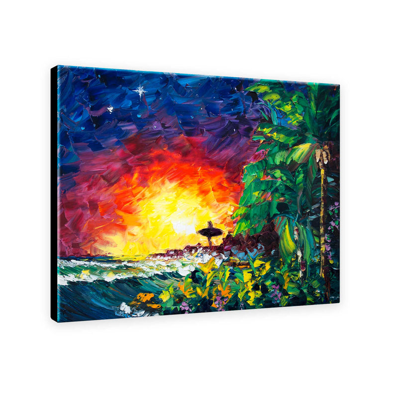 Bright and uplifting painting of a girl about to go surfing at sunset painted in an impressionist style