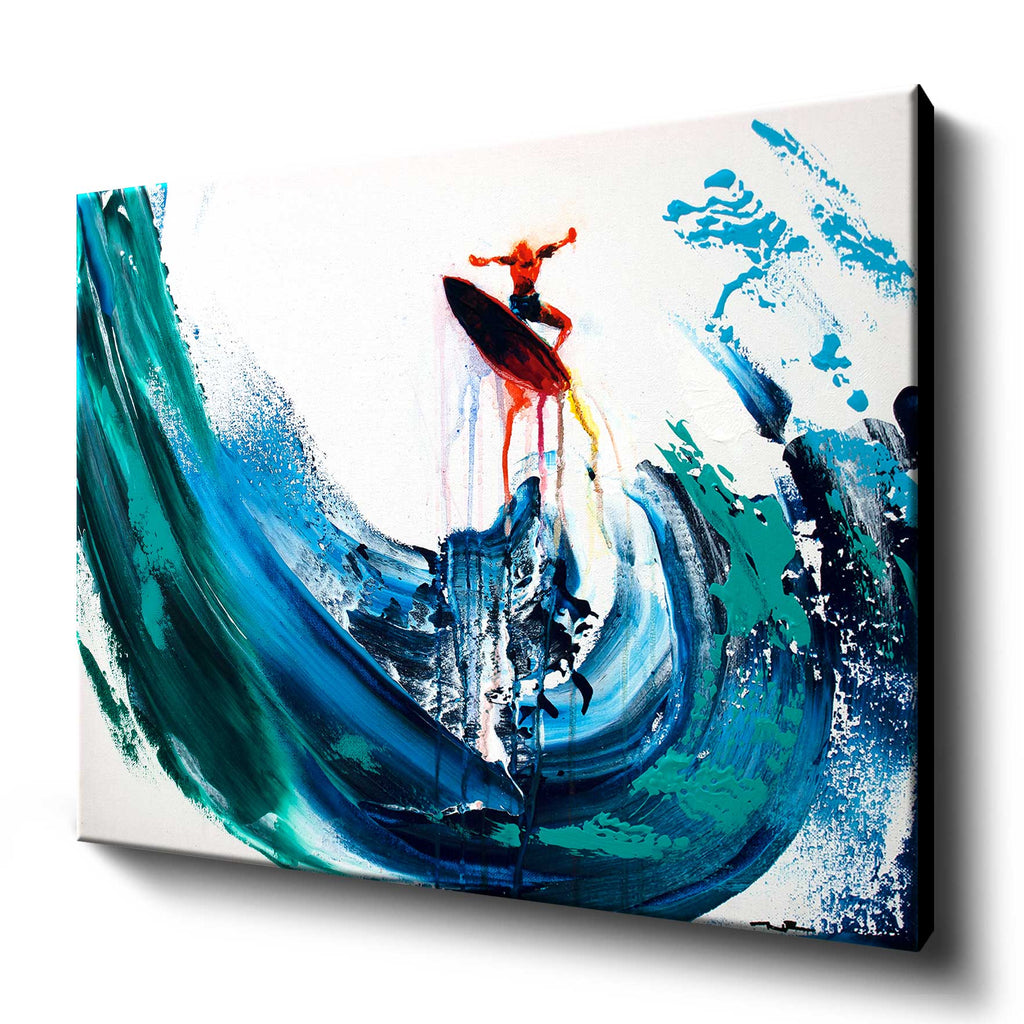 Large canvas print of abstract sufer flying above a huge blue and green painted wave