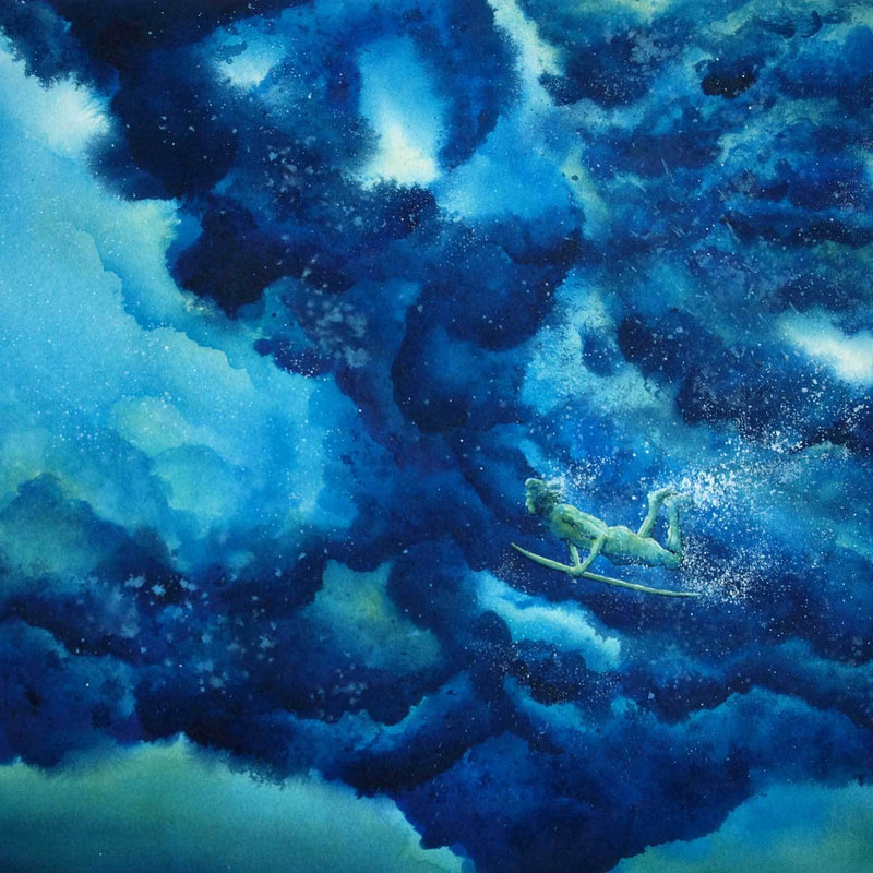 Watercolor painting of a surfer diving below a big wave in blues and greens