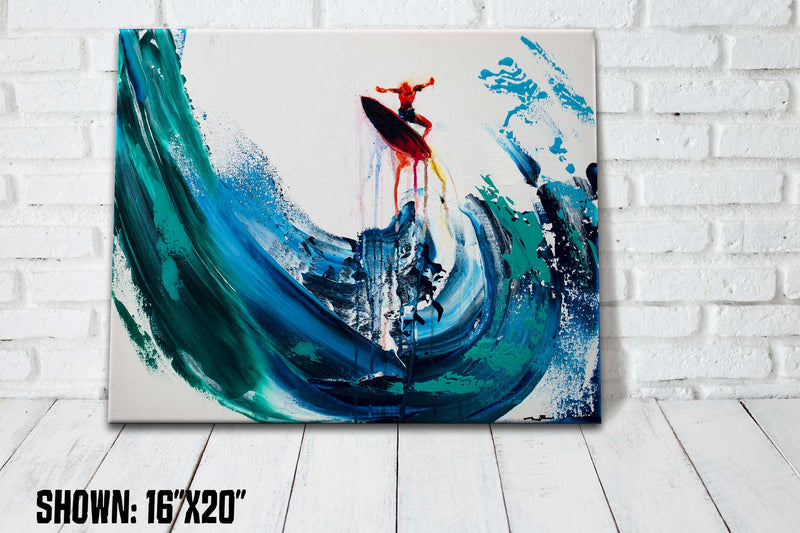 Surf shack décor of surfer riding a blue and green abstract wave, curling against a white sky