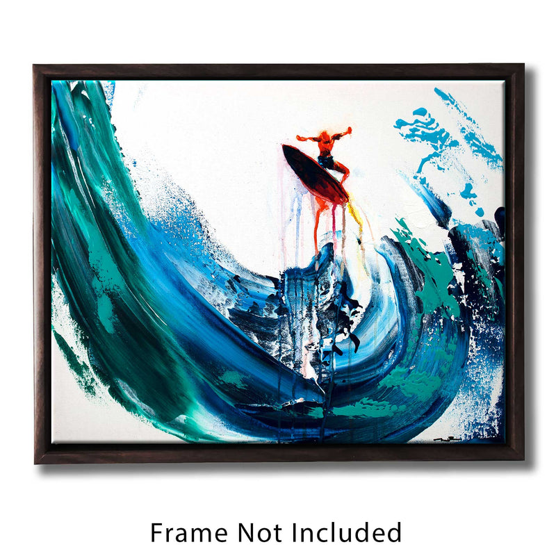 Framed surfer art of abstract surfer soaring above a curling blue and green wave