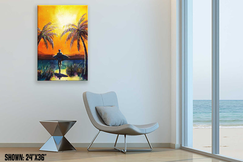 Oversized wall art of a yellow and orange watercolor sunset with a surfer carrying his board to the beach