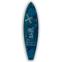 Hand-painted wooden surfboard featuring a space-tiki-theme on a white background