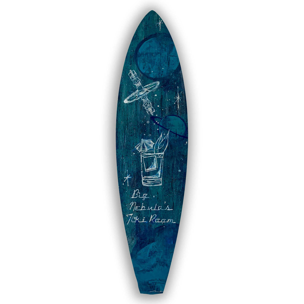 Hand-painted wooden surfboard featuring a space-tiki-theme on a white background