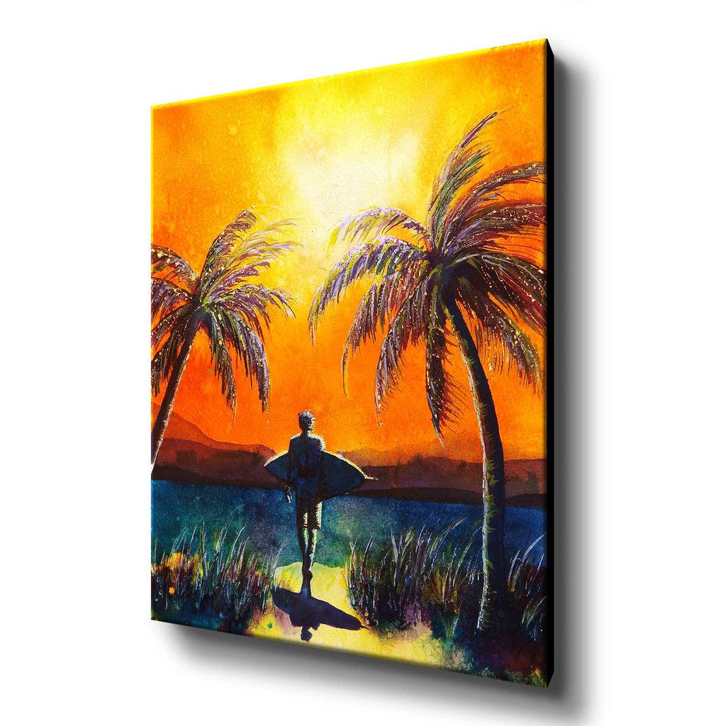 Large canvas art print of surfer and board silhouetted against a watercolor sunset beach landscape