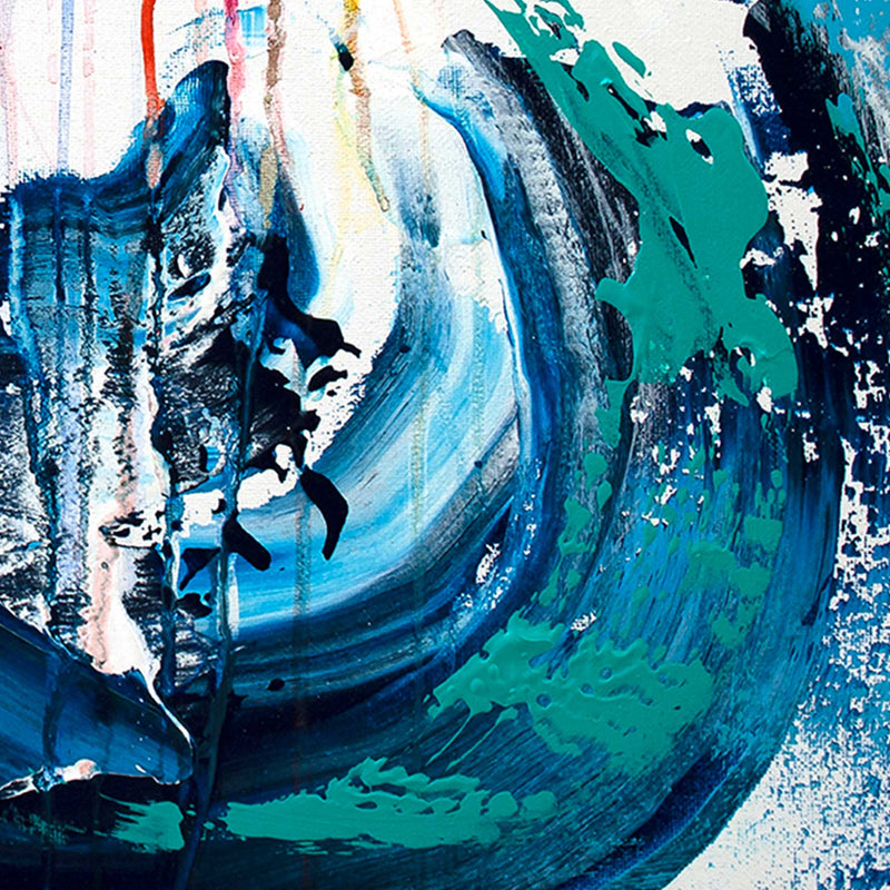 San Diego wall art of surfer riding and abstract blue and green wave curling across the painted canvas