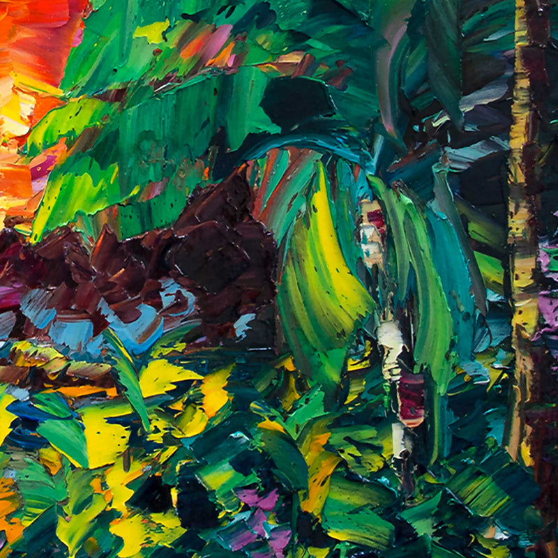 Colorful Oil Painting of Tropical Foliage and Palms on Coast at Sunset