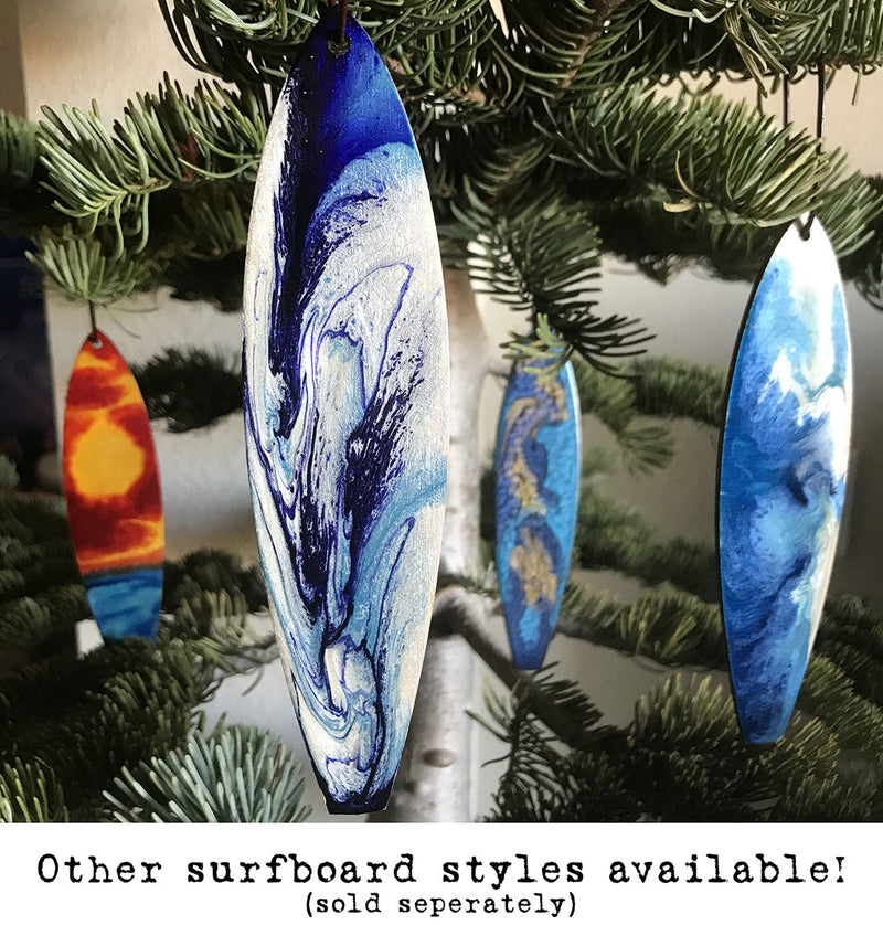 An array of other hand painted surfboard holiday ornaments we offer hanging on a Christmas Tree.