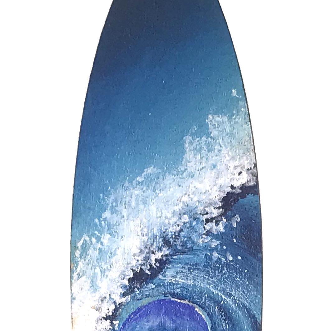 Blue and white Christmas ornament with painted surfing wave. For Surfing bedroom decor or beach Christmas decor ideas.