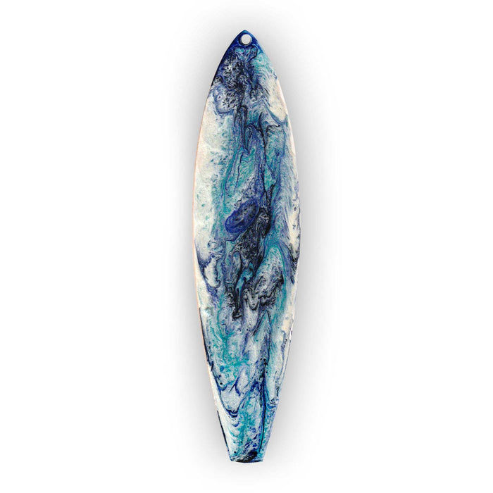 Seaside Soul surfboard ornament hand painted in ocean blue and white resin