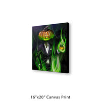 A 16" by 20" canvas print of a Pumpkinhead Man wearing a tuxedo and holiding a mini-jack o'lantern in his hand. Both pumpkins glow from the inside with a strange orange light. Green, magical fire swirls around them.